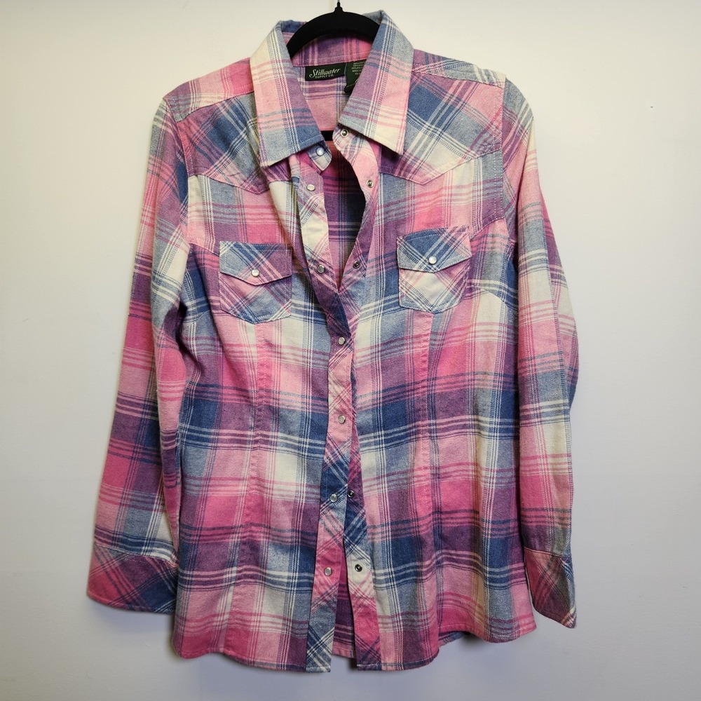 Stillwater Supply Plaid Pearl Snap Flannel Shirt M Long Sleeve Pink Blue Western